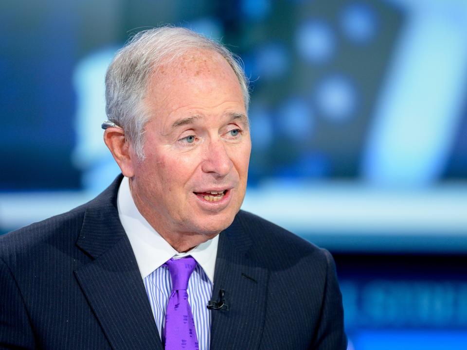 Blackstone CEO Stephen Schwarzman in front of a blue background as he visits "Maria Bartiromo's Wall Street" at Fox Business Network Studios on September 18, 2019 in New York City.