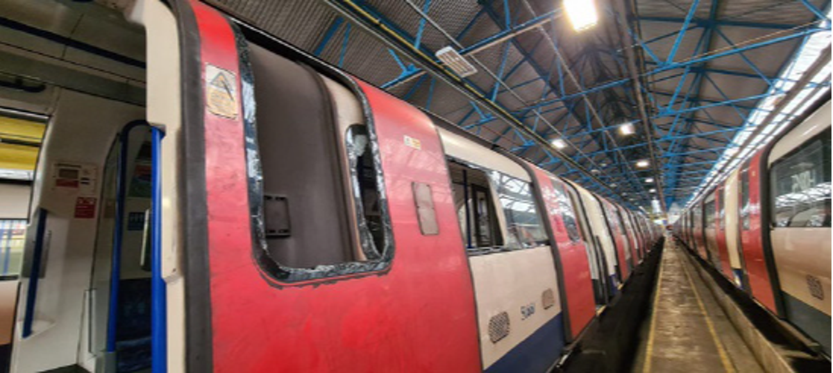 The smashed windows on the Northern line train (TfL)