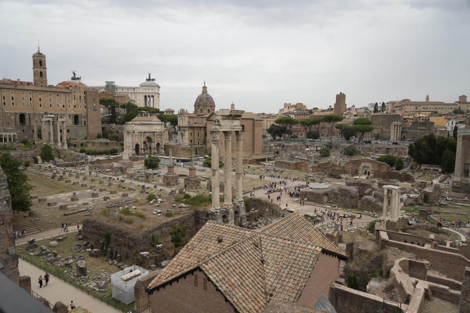 A view of the Roman Forum seen from a balcony of the newly restored domus Tiberiana, one of the main imperial palaces, during the press preview on Rome's Palatine Hill, Wednesday, Sept. 20, 2023. The Domus Tiberiana will reopen to the public on Sept. 21. (AP Photo/Gregorio Borgia)