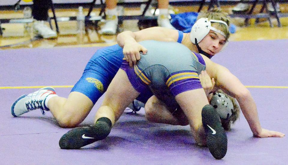 Aberdeen Central's Rayden Zens, shown wrestling earlier this season in a triangular at Watertown, claimed the 126-pound championship and led the Golden Eagles to a runner-up finish in the Region 3A tournament on Saturday, Feb. 18, 2023 in Mission.