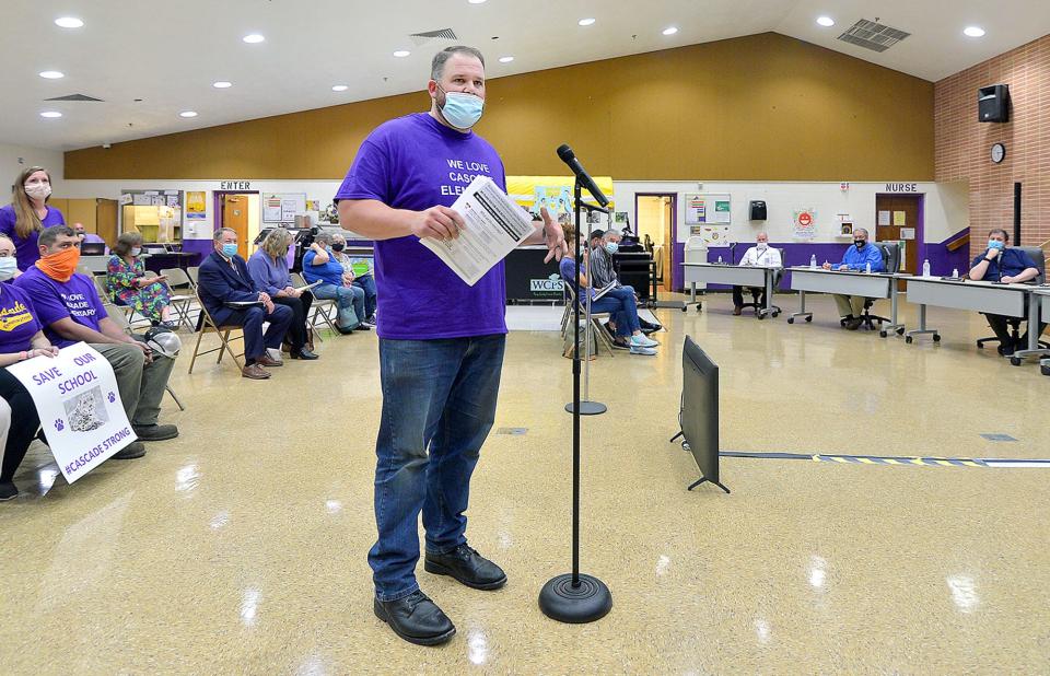 Fort Ritchie developer John W. Krumpotich speaks during a public hearing at Smithsburg Middle School with members of Washington County Board of Education about the proposed closure of Cascade Elementary School.