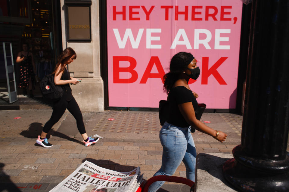 Shops in Oxford Circus in London celebrate the further easing of Britain's lockdown restrictions, aimed at reviving the economy, June 23. (Photo: NurPhoto via Getty Images)