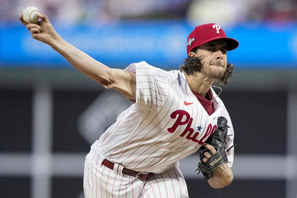 Philadelphia Phillies starting pitcher Aaron Nola throws against the Arizona Diamondbacks during the third inning in Game 6 of the baseball NL Championship Series in Philadelphia Monday, Oct. 23, 2023. (AP Photo/Brynn Anderson)