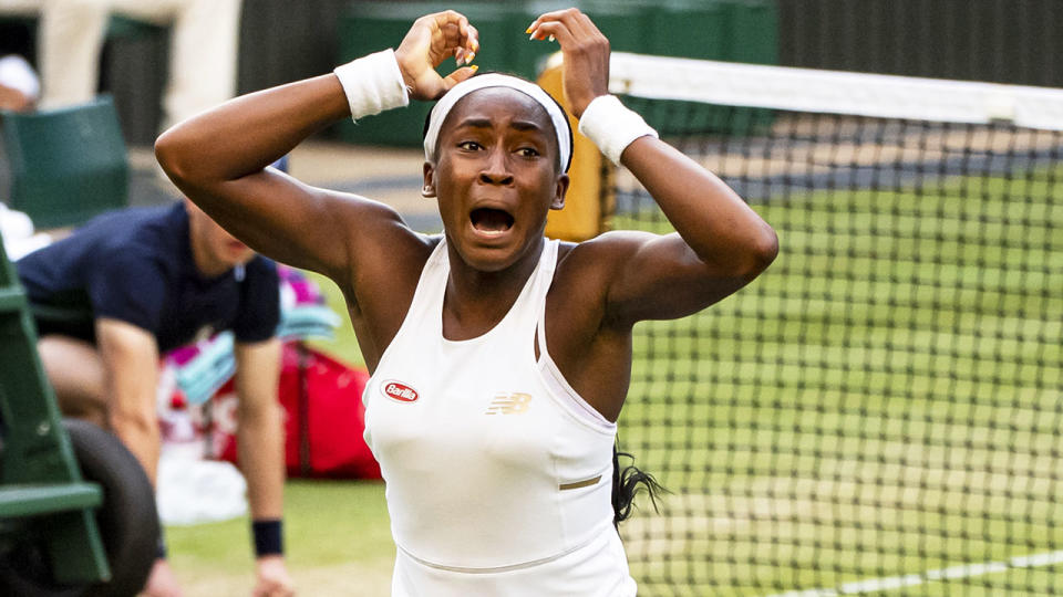 Cori 'Coco' Gauff reacts after winning through to Wimbledon's fourth round.