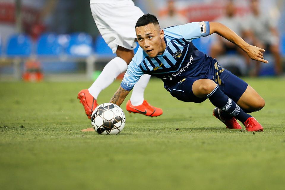 El Paso Locomotive's Louis "Chapa" Herrera goes against San Antonio FC during the game Wednesday, July 17, 2019, at Southwest University Park in El Paso.