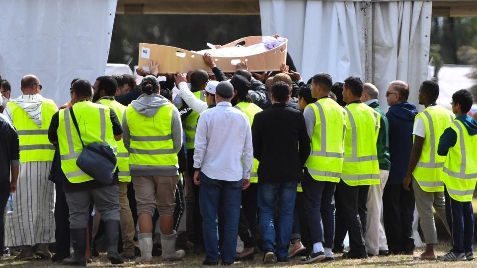 Mourners gather for the first funerals of victims of the mosque shootings in Christchurch. Source AAP