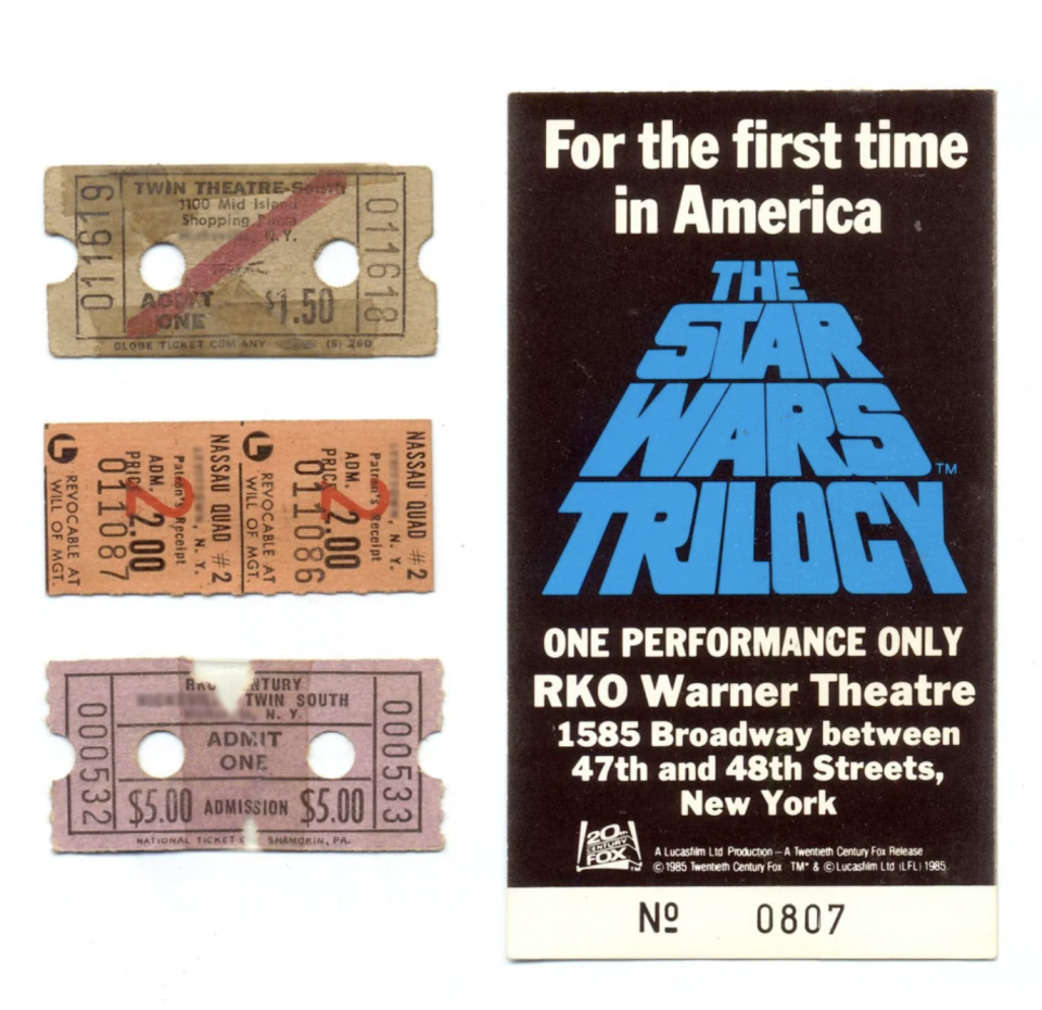 Scans of the original "Star Wars" trilogy movie ticket stubs are being shown