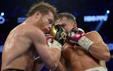 Sep 15, 2018; Las Vegas, NV, USA; Canelo Alvarez (black trunks) and Gennady Golovkin (white trunks) box in the middleweight world championship boxing match at T-Mobile Arena. Alvarez won via majority decision. Mandatory Credit: Joe Camporeale-USA TODAY Sports