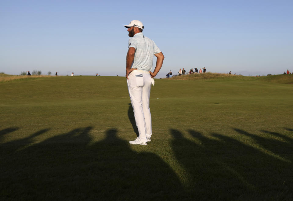 United States' Dustin Johnson looks along the 17th fairway during the second round of the British Open Golf Championship at Royal St George's golf course Sandwich, England, Friday, July 16, 2021. (AP Photo/Peter Morrison)