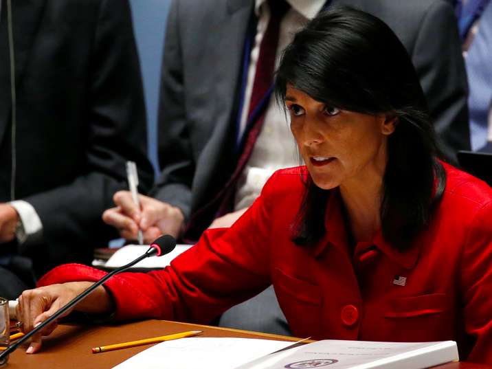 U.S. Ambassador to the United Nations Nikki Haley directs comments to the Russian delegation at the conclusion of a U.N. Security Council meeting to discuss the recent ballistic missile launch by North Korea at U.N. headquarters in New York. <br />REUTERS/Mike Segar
