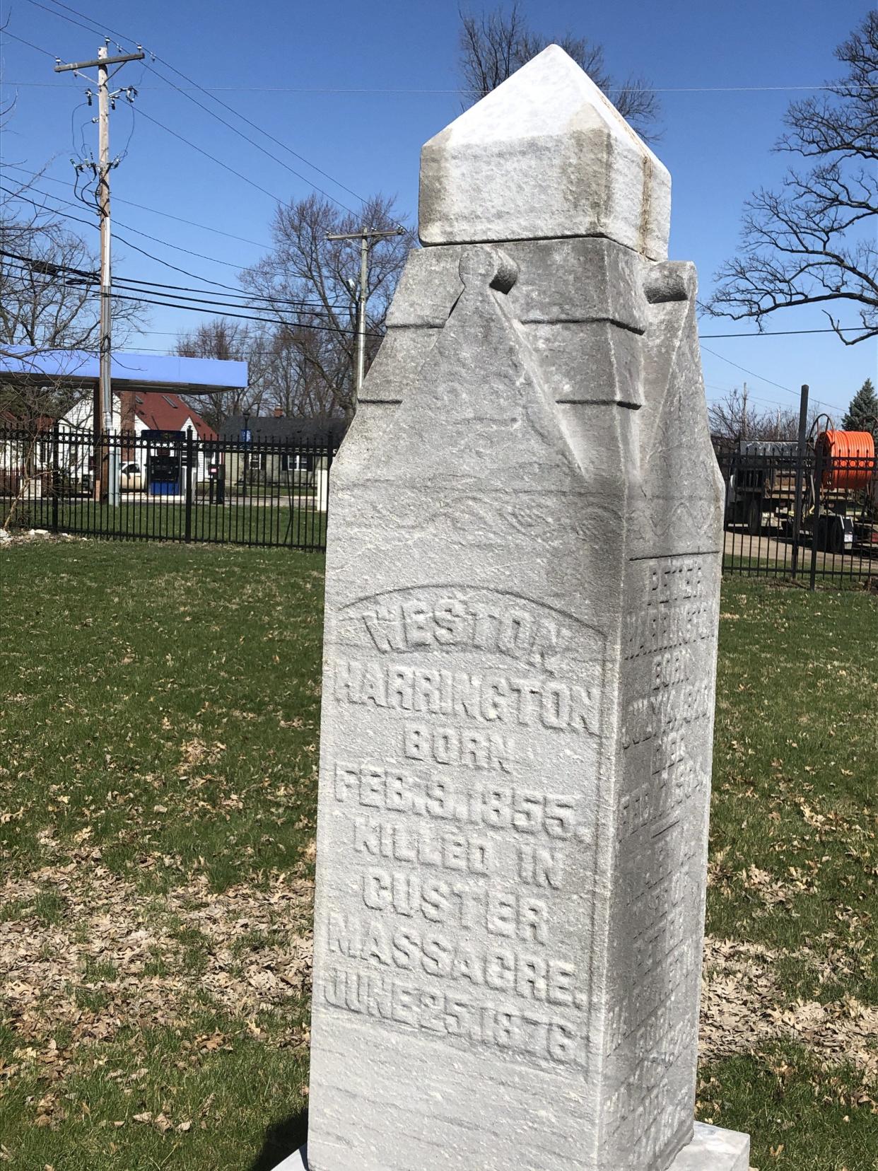The original grave marker for Weston Harrington was moved in 2019 to Hilliard’s Historical Village in Weaver Park from Alton Cemetery in Galloway. Harrington was a member of the 7th Cavalry Regiment under the command of Lt. Col. George Armstrong Custer. The marker says he was “killed in Custer massacre” – the Battle of the Little Bighorn – on June 25, 1876.