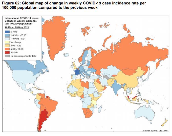 The map shows changes in incidents rates per 100,000 people in each country (Gov.uk)