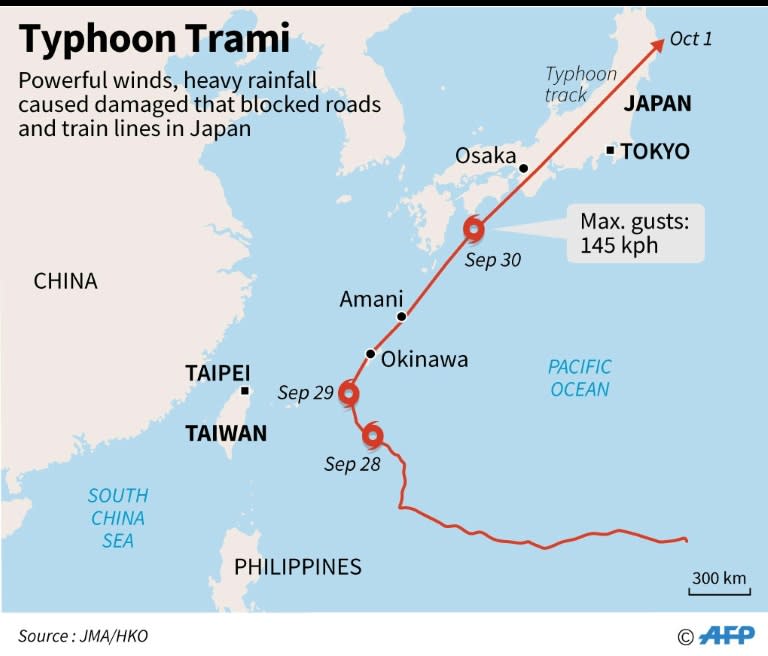 Map showing the track of Typhoon Trami, which battered Japan over the weekend