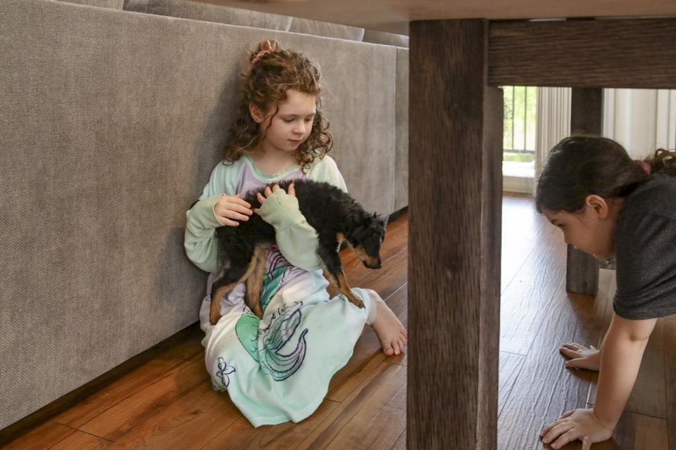 Twins Madelynn Singer, left, and Savannah Singer play with support dog Zoey during recess.