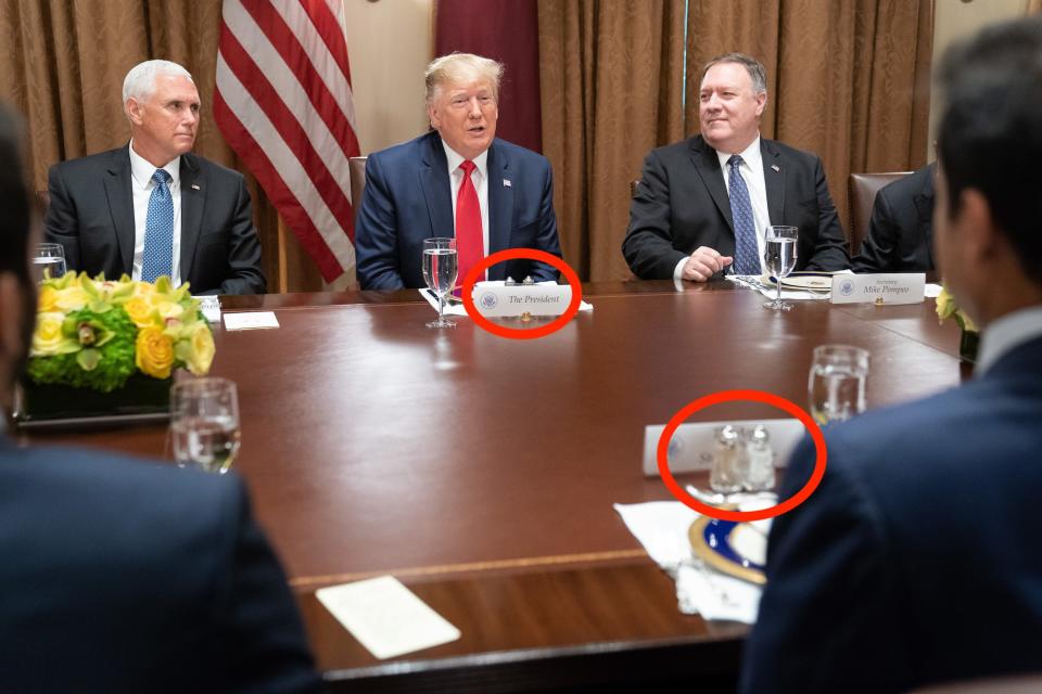 President Donald J. Trump, joined by Vice President Mike Pence and Cabinet members, participates in an expanded working luncheon with the Emir of Qatar Tamin bin Hamad Al Thani Tuesday, July 9, 2019, in the Cabinet Room of the White House.