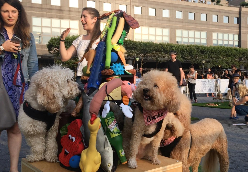 <p>Zum Ende der Ausstellung steht die Hundestatue aus kleinen Donald Trumps und diversen Plastikgegenständen noch immer – allein das ist bei der Spielwut der Hunde schon eine grandiose Leistung des Künstlers. </p>