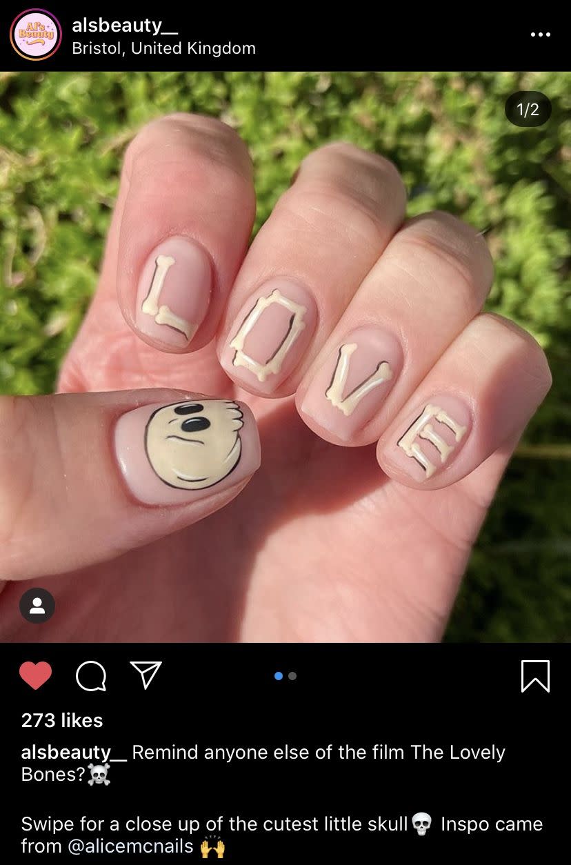 <p>The perfect mixture of scary and sweet, <a href="https://www.instagram.com/alsbeauty__/" rel="nofollow noopener" target="_blank" data-ylk="slk:nail artist Alyx Lippiatt;elm:context_link;itc:0;sec:content-canvas" class="link ">nail artist Alyx Lippiatt </a>uses bones on top of a barely-there light pink base to spell out a message of love.</p><p><a class="link " href="https://go.redirectingat.com?id=74968X1596630&url=https%3A%2F%2Fwww.etsy.com%2Flisting%2F195077372%2Fset-of-52-dog-bone-shape-vinyl-nail&sref=https%3A%2F%2Fwww.oprahdaily.com%2Fbeauty%2Fskin-makeup%2Fg33239588%2Fhalloween-nail-ideas%2F" rel="nofollow noopener" target="_blank" data-ylk="slk:SHOP BONES DECAL;elm:context_link;itc:0;sec:content-canvas">SHOP BONES DECAL</a></p>