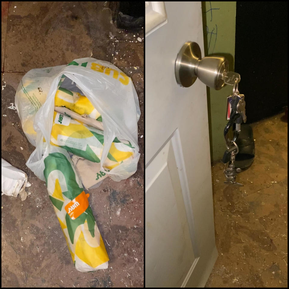 Photographs provided by Meade's family show a bag of Subway sandwiches and Goodson's keys in the door.  / Credit: Attorney Sean Walton