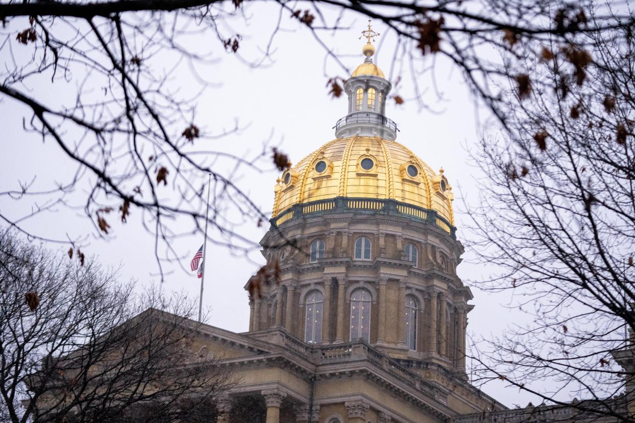 The Iowa State Capitol stands during the legislature's first day of session Monday, Jan. 8, 2024, in Des Moines.