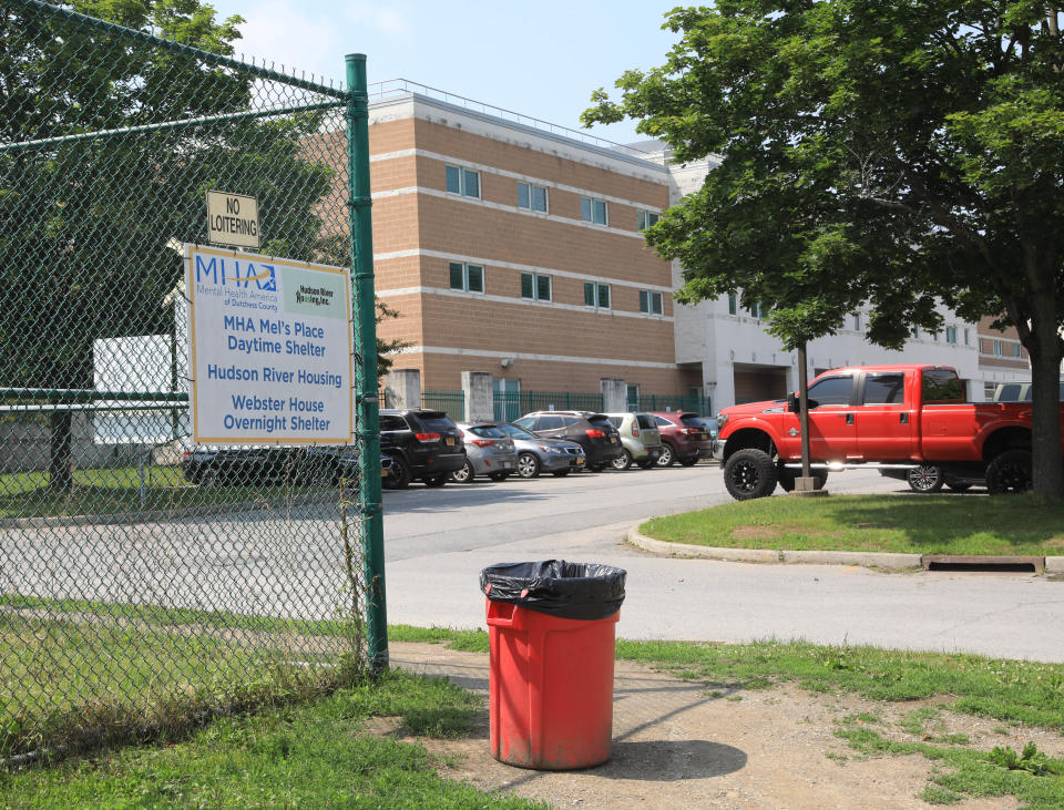 Signs indicating where Mental Health America and Hudson River Housing have a temporary homeless shelter located at the Dutchess County Jail on June 29, 2023. 