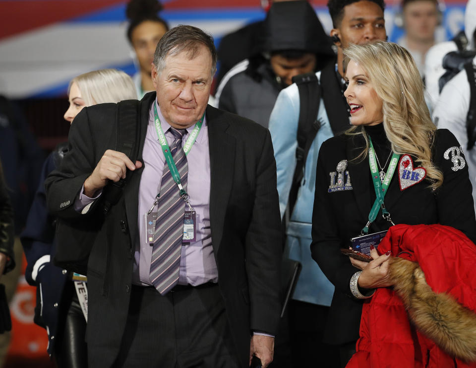 <p>New England Patriots head coach Bill Belichick, left, and girlfriend Linda Holliday arrive before the NFL Super Bowl 52 football game against the Philadelphia Eagles Sunday, Feb. 4, 2018, in Minneapolis. (AP Photo/Matt York) </p>