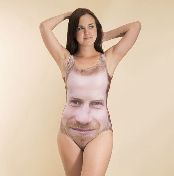 A swimsuit featuring Prince Harry's face.
