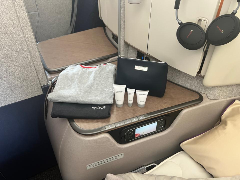 Amenities laid out on the console of a business class suite onboard an Air India Airbus A350 at the 2024 Farnborough Airshow.