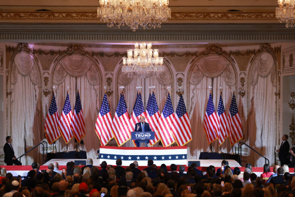 Former President Donald Trump speaks at an election night watch party at his Mar-a-Lago resort in Palm Beach, Florida on March 05, 2024 after he was projected to win 14 of 15 Super Tuesday primary contests. (Photo by Joe Raedle/Getty Images)