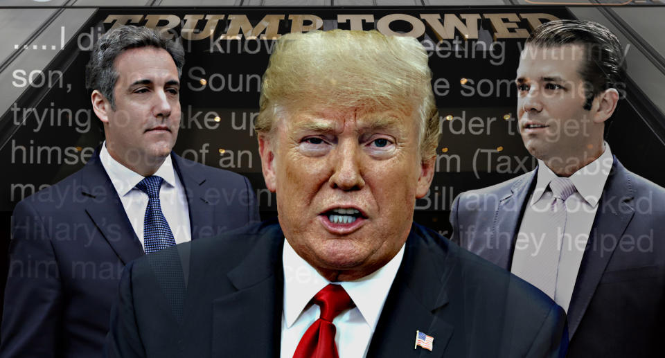 Michael Cohen, Donald Trump, Donald Trump, Jr. (Photo illustration: Yahoo News; photos: Richard Drew/AP, Evan Vucci/AP, Donald Trump via Twitter, Brendan McDermid/Reuters)