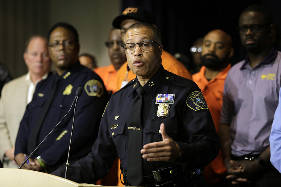 Detroit Police Chief James Craig answers questions during a press conference, Friday, June 7, 2019, at the Detroit Police Headquarters in Detroit, addressing the police response to a possible serial killer. Investigators believe a "serial murderer and rapist" targeting prostitutes is at large in Detroit. (Kimberly P. Mitchell/Detroit Free Press via AP)