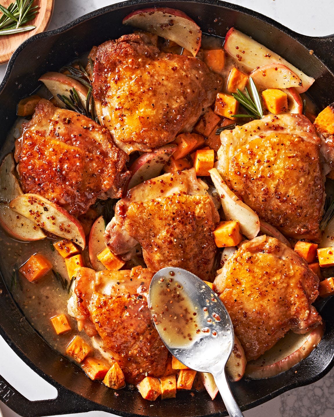 cider glazed chicken thighs with apples and sweet potatoes