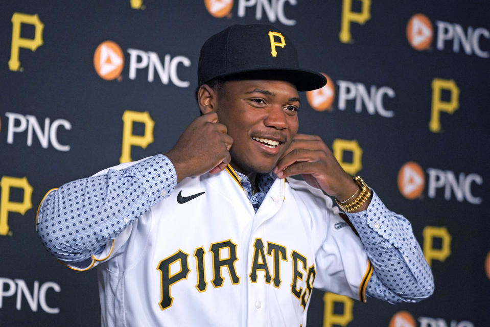 FILE - Pittsburgh Pirates first-round draft selection Termarr Johnson meets with reporters after signing his contract with the team before a baseball game between the Pirates and the Philadelphia Phillies in Pittsburgh, Friday, July 29, 2022. Johnson was the fourth overall pick in the 2022 amateur draft, when for the first time ever, four of the first five selections were Black players. (AP Photo/Gene J. Puskar, File)