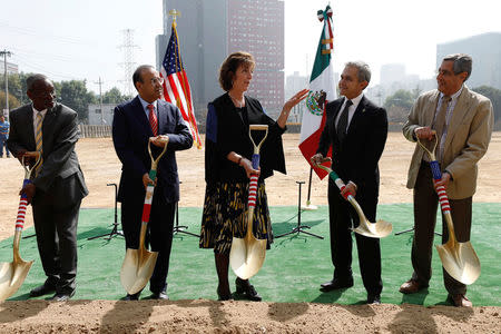 U.S. Ambassador to Mexico Roberta S. Jacobson and Mexico City Mayor Miguel Angel Mancera (2nd R) attend a ceremony to place the first stone of the new U.S. Embassy in Mexico City, Mexico February 13, 2018. REUTERS/Edgard Garrido
