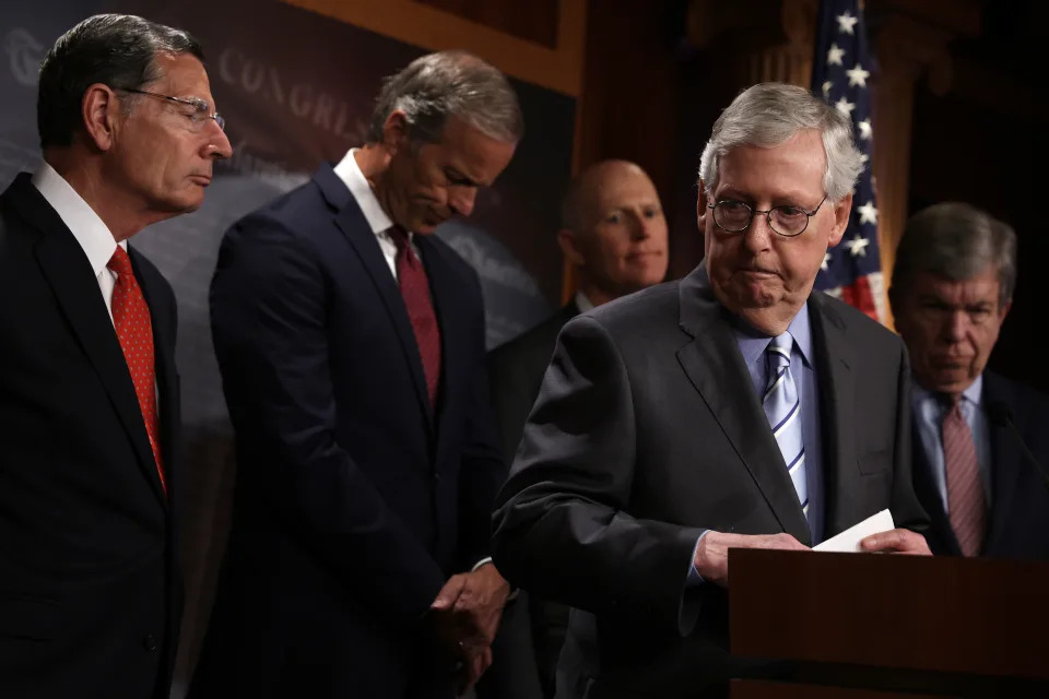 WASHINGTON, DC - JULY 12:  U.S. Senate Minority Leader Sen. Mitch McConnell (R-KY) speaks as (L-R) Sen. John Barrasso (R-WY), Senate Minority Whip Sen. John Thune (R-SD), Sen. Rick Scott (R-FL), and Sen. Roy Blunt (R-MO) listen during a news briefing after a weekly Senate Republican policy luncheon at the U.S. Capitol on July 12, 2022 in Washington, DC. Senate GOPs held a weekly policy luncheon to discuss Republican agenda. (Photo by Alex Wong/Getty Images)