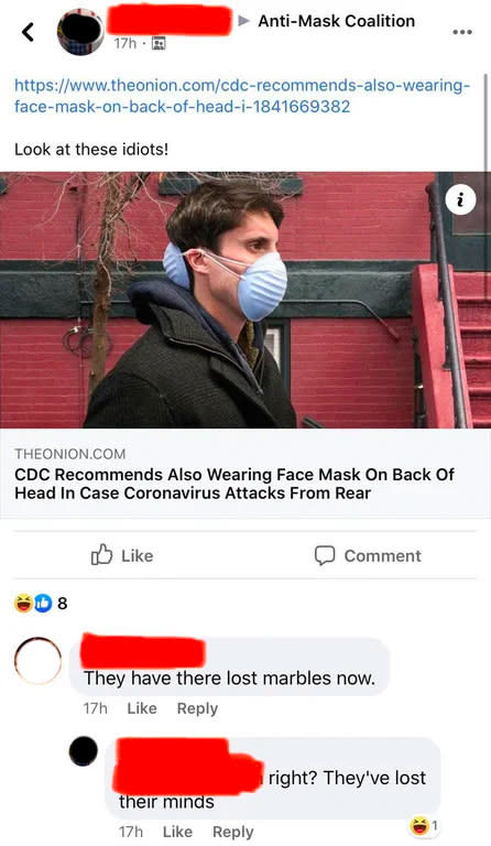 A couple people fall for The Onion's headline that the CDC recommends wearing face masks on the back of your head to avoid Coronavirus from the rear