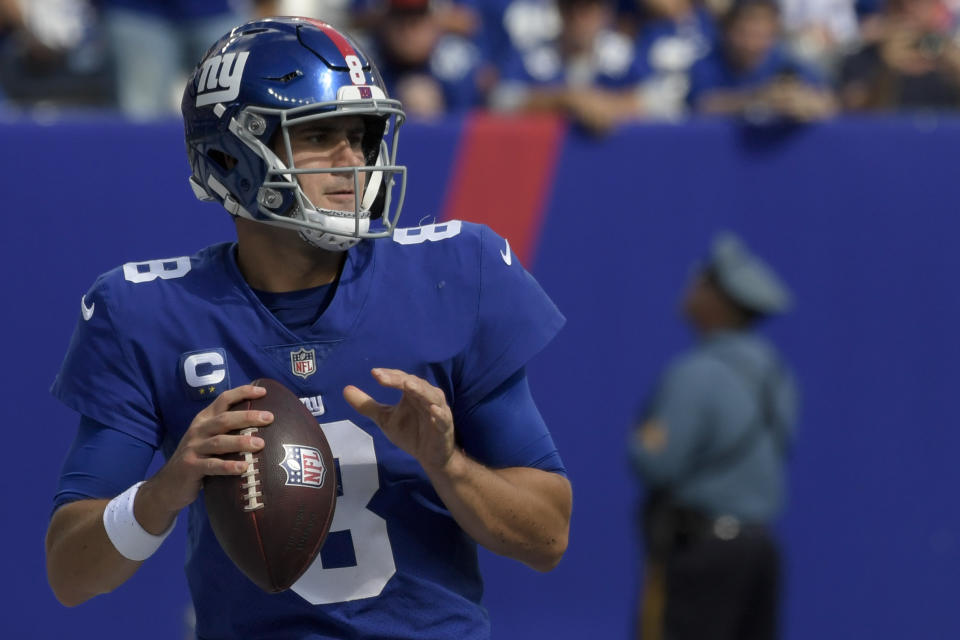 New York Giants quarterback Daniel Jones looks to pass during the first half of an NFL football game against the Atlanta Falcons, Sunday, Sept. 26, 2021, in East Rutherford, N.J. (AP Photo/Bill Kostroun)