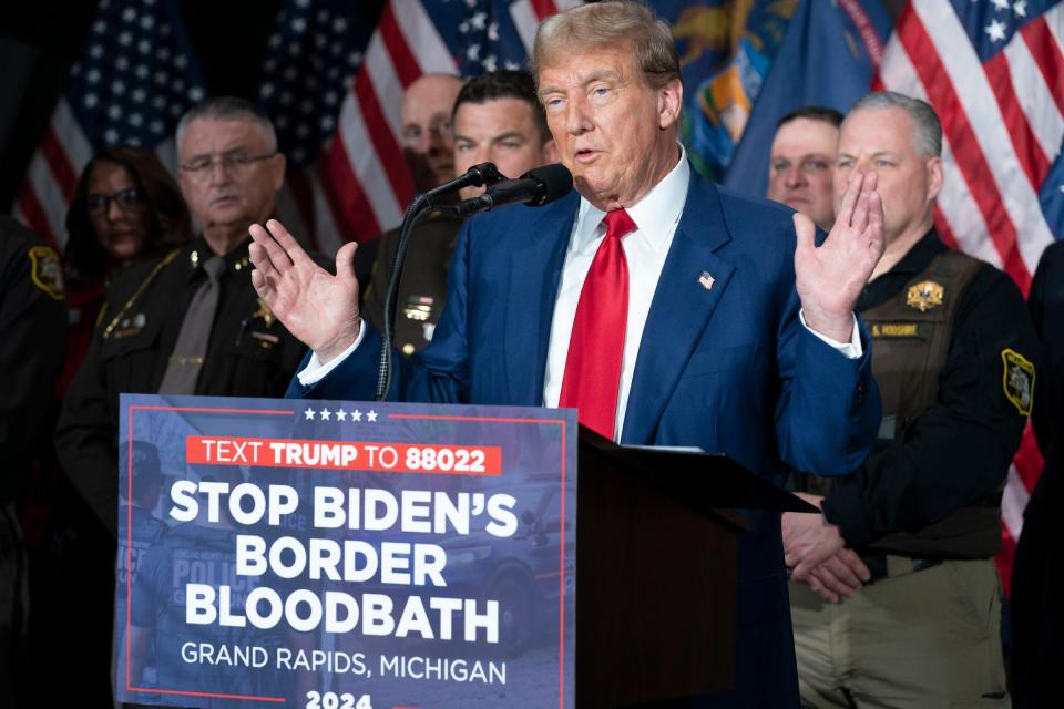 Donald Trump speaks at a press conference in the Monroe Meeting Rooms at DeVos Place in Grand Rapids on Tuesday, April 2, 2024.