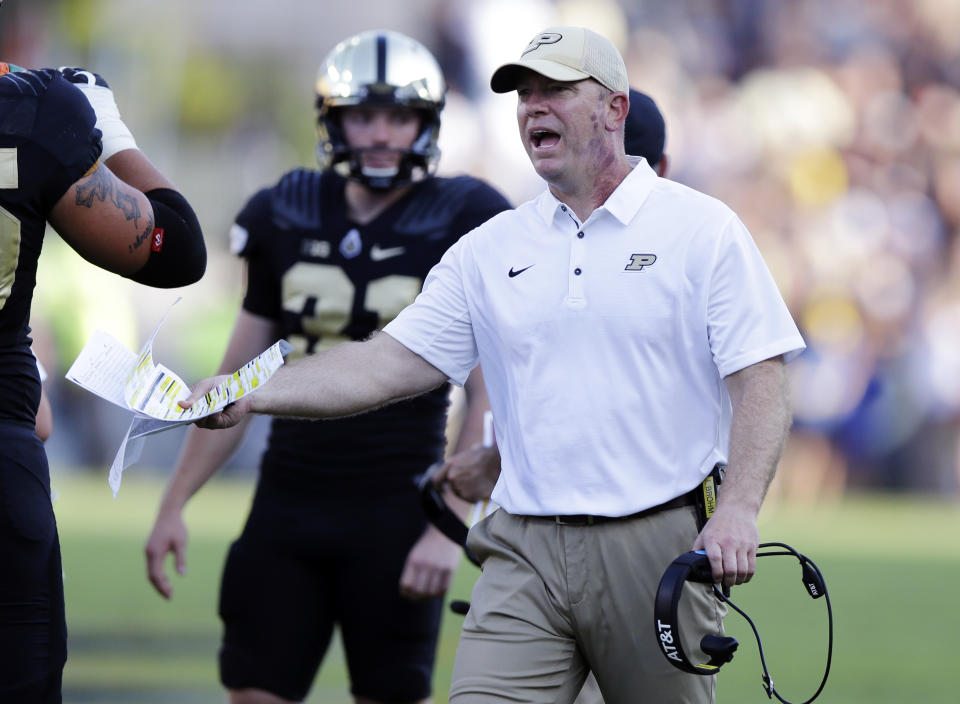 Purdue coach Jeff Brohm pulled out a creative play call against Rutgers. (AP Photo/Michael Conroy)