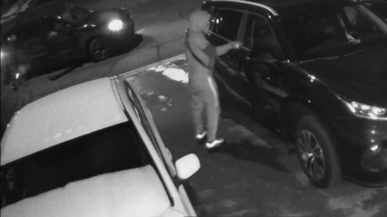 This image taken from a video shows the first suspect in alleged hate-motivated vehicle vandalism in Vaughan. (Submitted by York Regional Police - image credit)