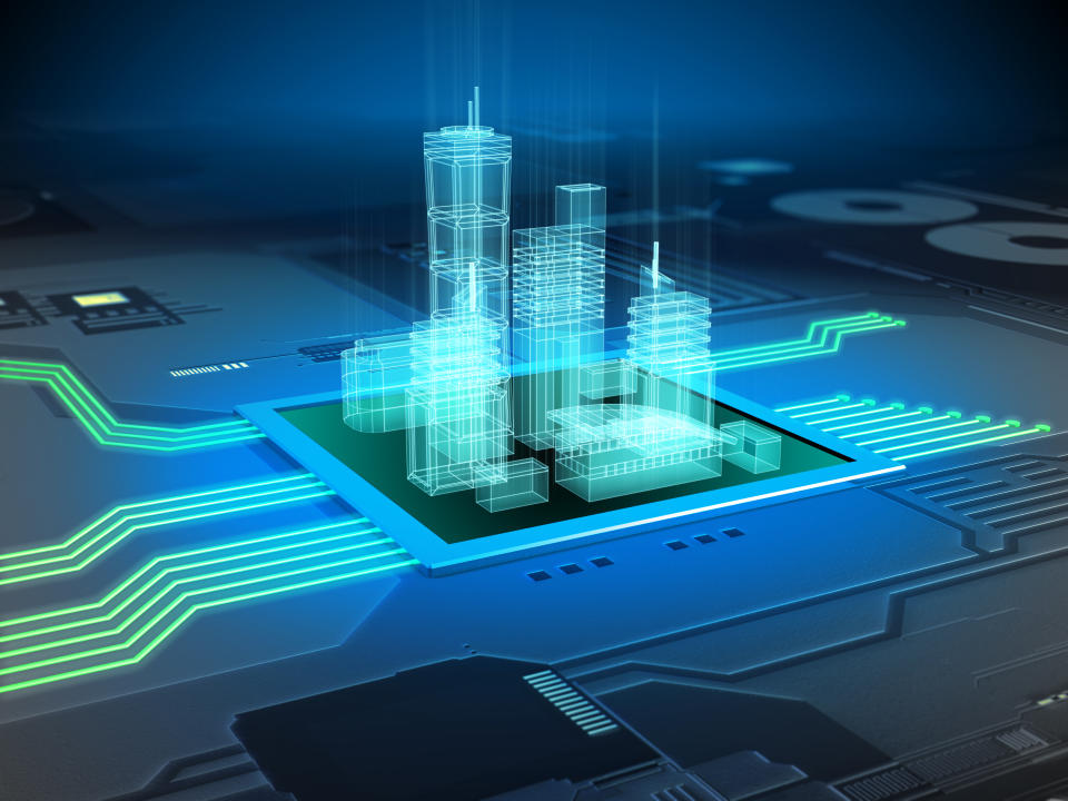 Modern city buildings on a printed circuits board. Digital illustration.