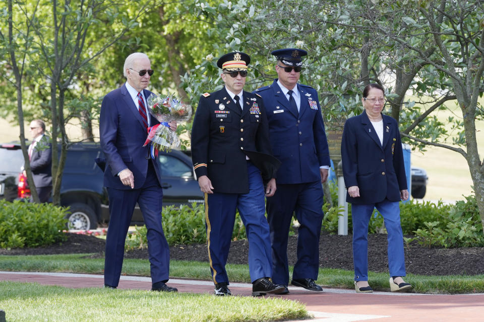 President Joe Biden walks to place a wreath at Veterans Memorial Park at the Delaware Memorial Bridge in New Castle, Del., Tuesday, May 30, 2023. (AP Photo/Patrick Semansky)