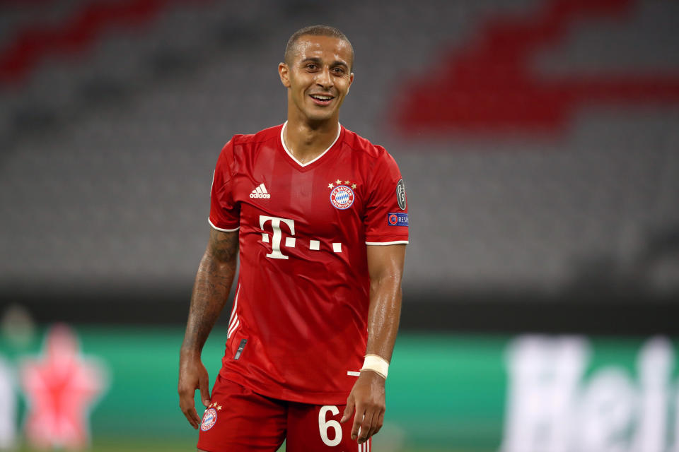 MUNICH, GERMANY - AUGUST 08: Thiago Alcantara of Bayern Munich reacts during the UEFA Champions League round of 16 second leg match between FC Bayern Muenchen and Chelsea FC at Allianz Arena on August 08, 2020 in Munich, Germany. (Photo by A. Hassenstein/Getty Images for FC Bayern)