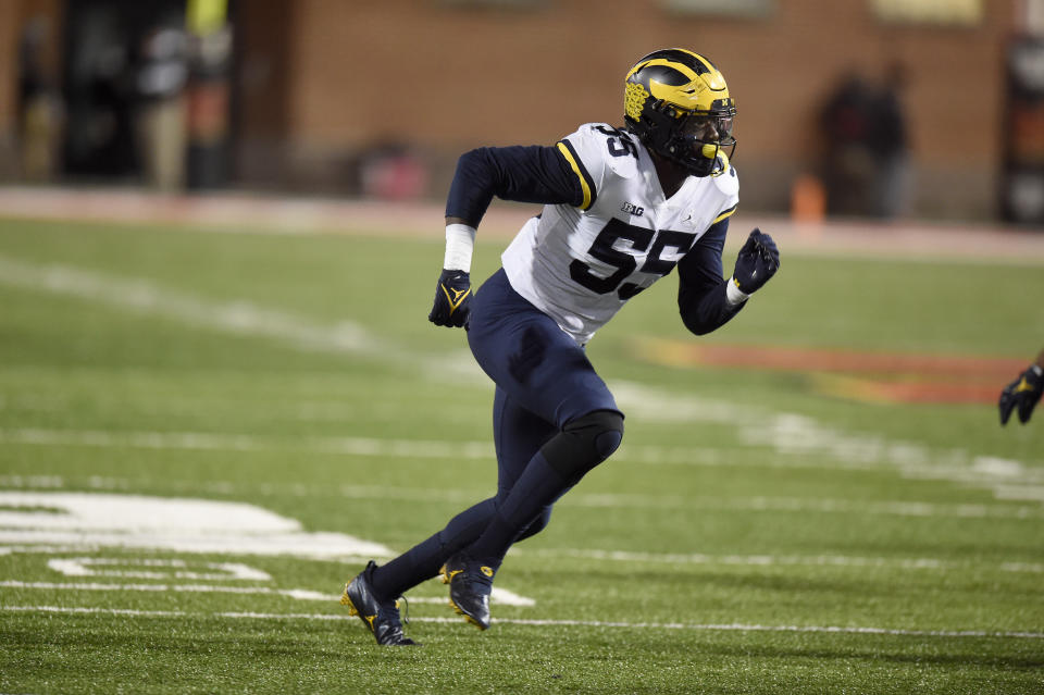 Michigan EDGE David Ojabo is raw and will miss time with injury but has exciting upside. (Photo by G Fiume/Getty Images)