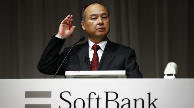 SoftBank's Chief Executive Masayoshi Son speaks during a news conference in Tokyo.