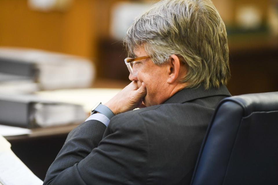 Appellate Counsel Jon Lakey reacts as appellee counsel Gary Smith gives his rebuttal inside the Tennessee Court of Appeals in Jackson, Tenn., on Tuesday, April 9, 2024.