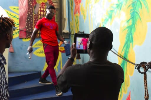 Smartphone filming at a workshop during the Bushman Film Festival at the end of March in Ivory Coast's economic capital Abidjan