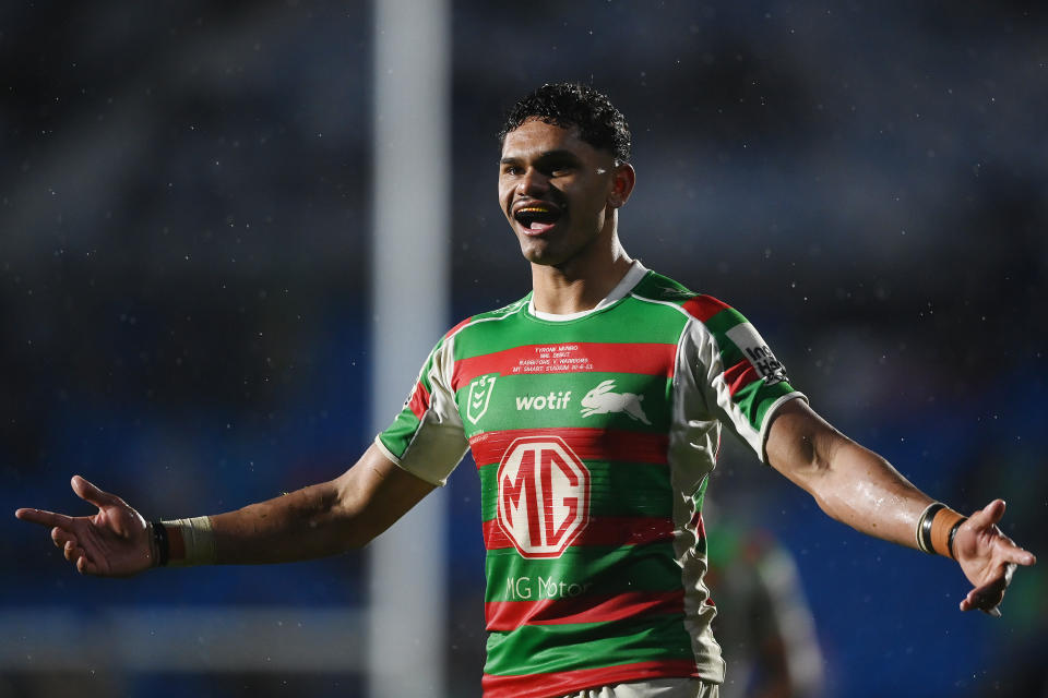 AUCKLAND, NEW ZEALAND - JUNE 30:  Tyrone Munro of the Rabbitohs celebrates winning the round 18 NRL match between New Zealand Warriors and South Sydney Rabbitohs at Mt Smart Stadium on June 30, 2023 in Auckland, New Zealand. (Photo by Hannah Peters/Getty Images)