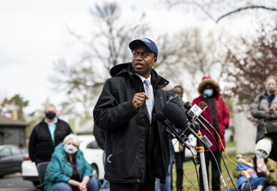 Brooklyn Center Mayor Mike Elliott speaks during a press conference at a memorial for Daunte Wright on April 20, 2021, in Brooklyn Center, Minnesota. (Photo: Stephen Maturen via Getty Images)