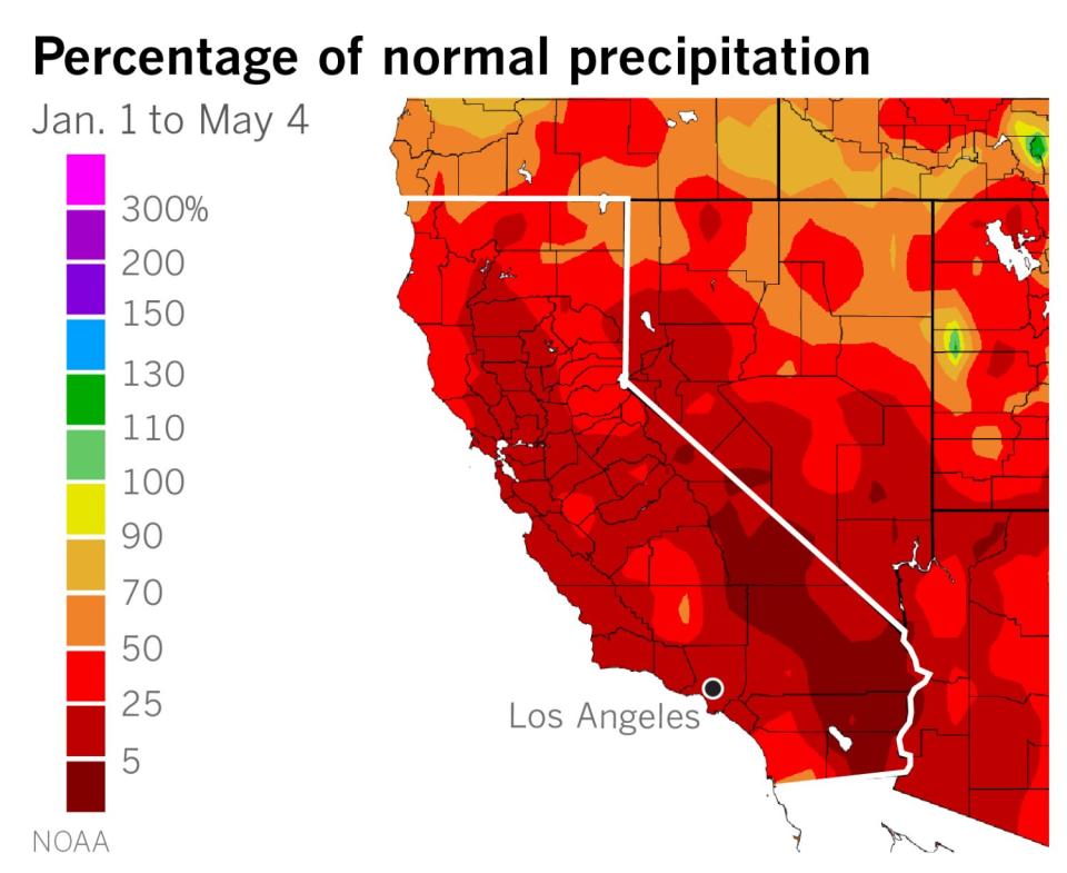 A map showing that most of California hasn't received even half of its normal precipitation so far this year.