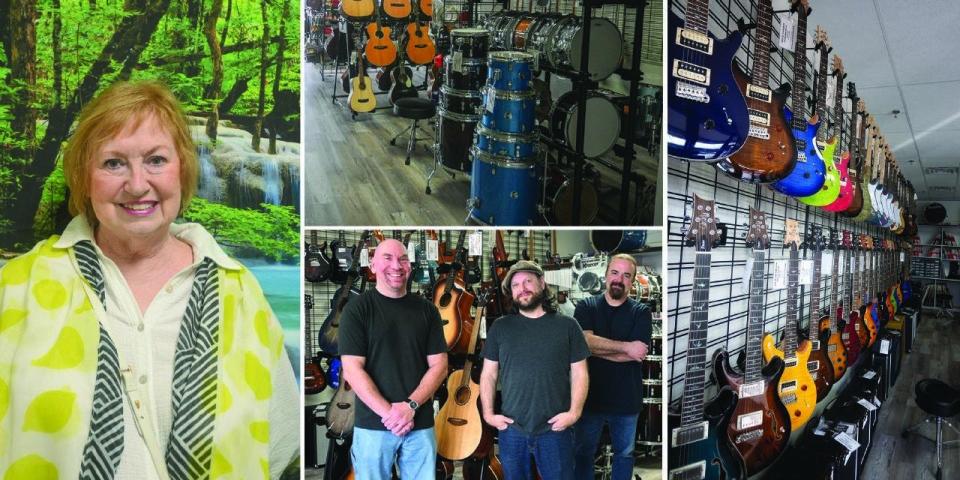 Eastside Guitars and Drums offers music lessons for children and adults. Veteran teachers are (center photo, from left) Tony Christopher, Niel Brooks and Sam Burgess. Gerri Green (pictured left) is a former musician, now a professional artist, and married to store owner Terry Green.